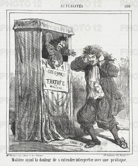 Molière ayant la douleur de s'entendre interpreter avec une pratique, 1864. Creator: Cham.