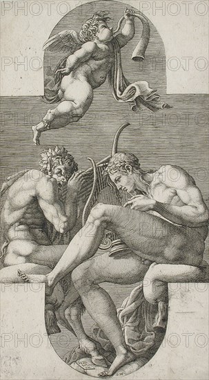 Apollo, Pan and a Putto Blowing a Horn, 1560s. Creator: Giorgio Ghisi.
