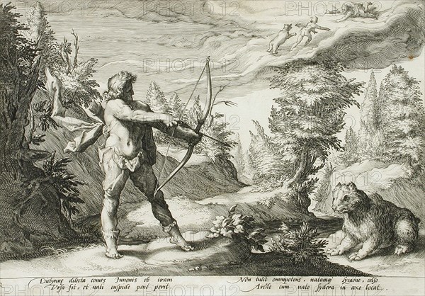 Arcas Preparing to Kill his Mother, Changed into a Bear, published 1590. Creator: Hendrik Goltzius.