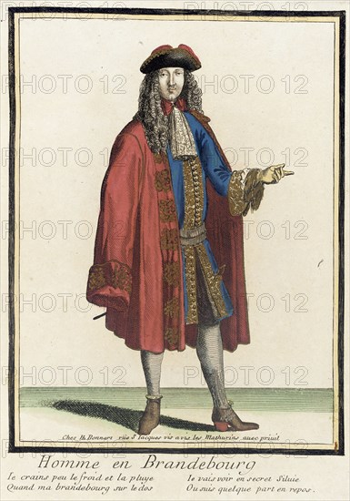 Recueil des modes de la cour de France, 'Homme en Brandebourg', Bound 1703-1704. Creator: Henri Bonnart.