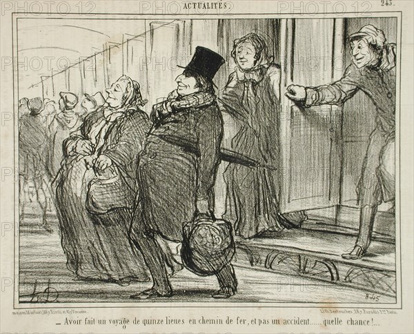 Avoir fait un voyage de quinze lieues en chemin de fer.., 1855. Creator: Honore Daumier.