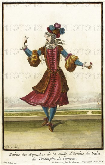 Recueil des modes de la cour de France, 'Habits des Nymphes de la Suitte d'Orithie du..., 1703-04. Creators: Jean Berain, Jean Lepautre, Jacques Le Pautre.