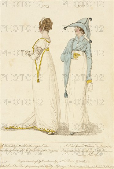 Fashion Plate (the Roxborough Jacket - A New Spencer Walking Dress with the Incognita Hat), 1807. Creator: John Bell.