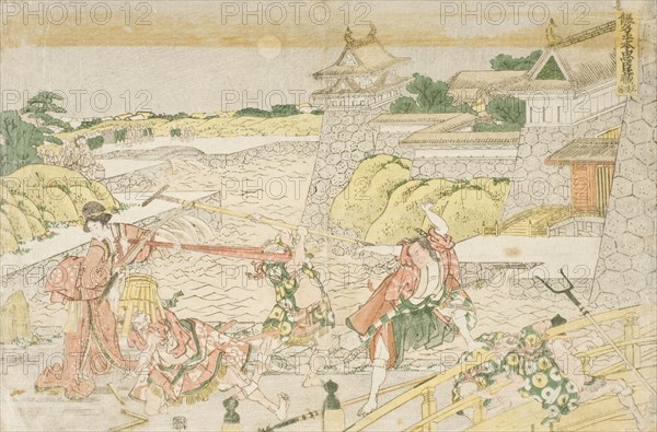 Okaru and Kampei outside Kamakura Castle, Act III from the Play Chushingura, 1806. Creator: Hokusai.