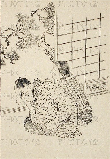 Elderly Couple Worshipping the Rising Sun, c1850. Creator: Kawanabe Kyosai.