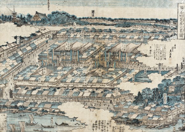 View of Kabuki Theatre District in Edo, 1820. Creator: Ikeda Eisen.