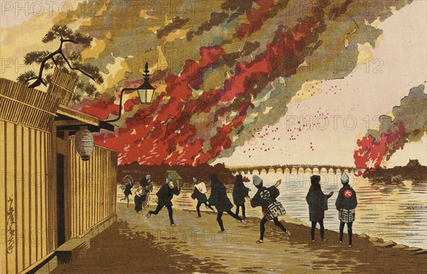 The Ryogoku Fire Sketched from Hamacho on the 26th of January, 1881, (1881). Creator: Kobayashi Kiyochika.