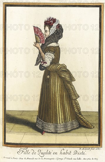 Recueil des modes de la cour de France, 'Fille de Qualité en Habit dÉsté', 1687. Creator: Nicolas Arnoult.