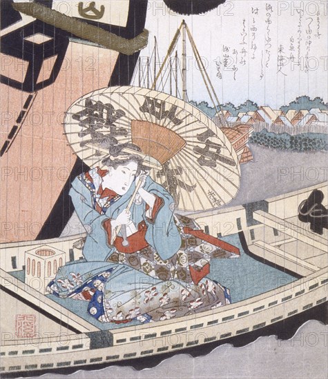 Beauty in a Boat during a Rainstorm, c1804. Creator: Totoya Hokkei.