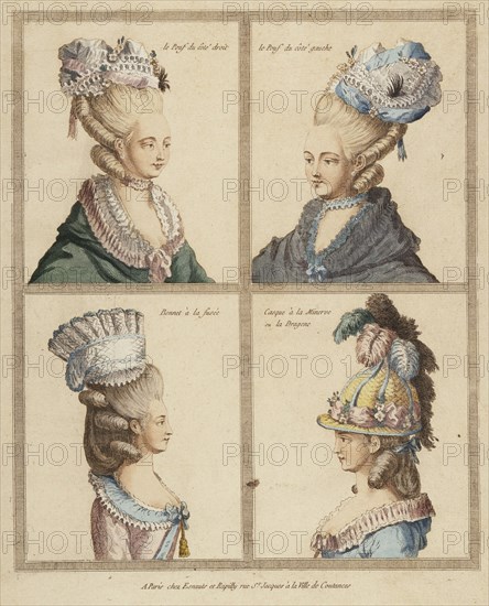 France, Rapilly, 18th Century Print showing Headdresses Engraving, hand-tinted gouach, 18th century. Creator: Unknown.