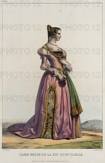 Costume Plate: Dame Belgede la Fin du Xve. Siecle, No. 48, c1850. Creator: Unknown.
