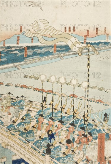 Lord Yoritomo Traveling to Kyoto in the First Year of Kenkyu Period (circa 1285), 1862. Creator: Sadahide Utagawa.