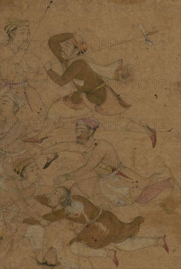 Men fleeing from an elephant, early 11th century AH/AD 17th century. Creator: Unknown.