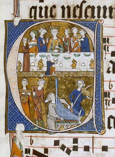 Feasting and musicians, 1290. Creator: Unknown.