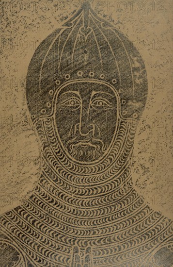 Brass rubbing of a knight in armour, 1949. Creator: John Woodcock.