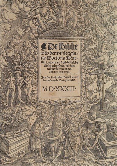 Title page of the Lübeck Bible, 1533-1534. Creator: Erhard Altdorfer.