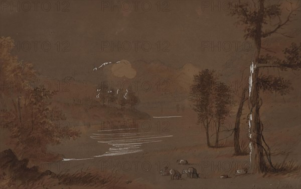 Lake and Mountain View, 19th century. Creator: Alfred Jacob Miller.