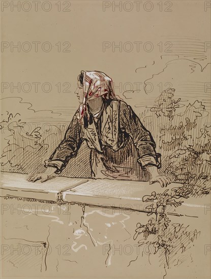 Peasant Woman Leaning on Wall, 1852-1866. Creator: Paul Gavarni.