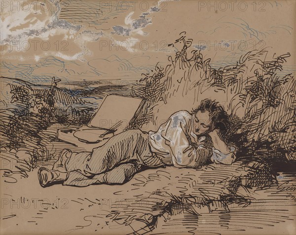 Young Artist Asleep by a Stream, c1859. Creator: Paul Gavarni.