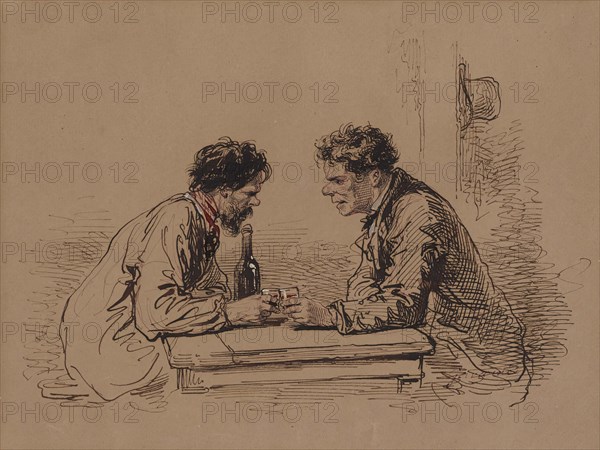 Two Men at a Table with Wine, c1859. Creator: Paul Gavarni.