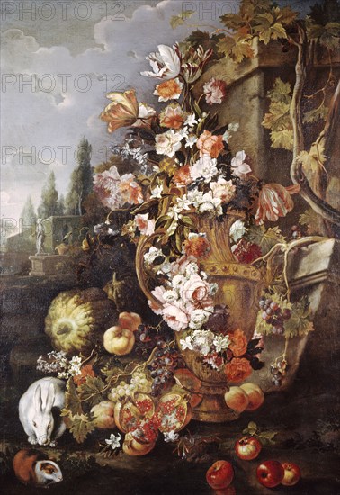 Still Life of Flowers and Fruits in a Garden, 1700-1710. Creator: Franz Werner von Tamm.