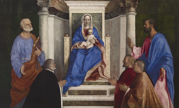 Madonna and Child with Saints Peter and Mark and Three Venetian Procurators, 1510. Creator: Giovanni Bellini.