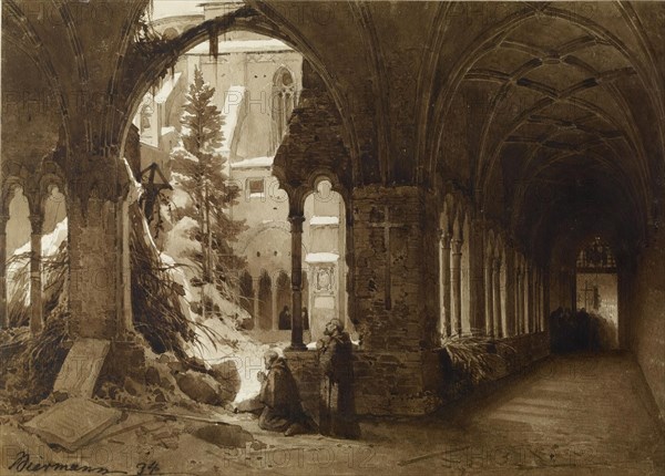 Monks at Prayer in a Cloister, 1834. Creator: Karl Eduard Biermann.