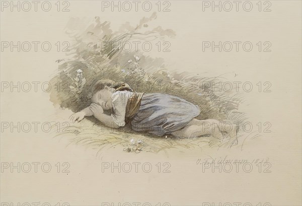 Girl Asleep in the Woods, 1848. Creator: Jakob Dielmann.