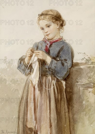 Girl Knitting, c1860. Creator: Philipp Rumpf.