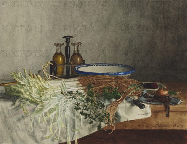 Still Life with Wild Chicory, Chervil, and Cruet, 1863. Creator: Leon Bonvin.