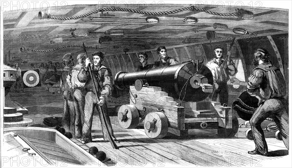 Gun practice on board H.M.S. "Brilliant", 1860. Creator: Unknown.