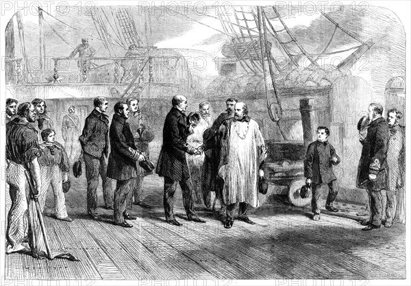 Farewell visit of Garibaldi to Admiral Mundy on board the "Hannibal" at Naples, 1860. Creator: W. L. Thomas.