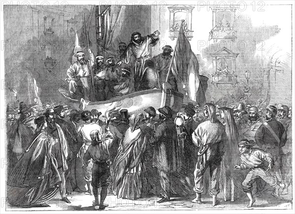 Padre Giovanni addressing the people in front of the Jesuits' College, Naples..., 1860. Creator: Unknown.