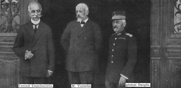 'Les evenements d'orient; les << triumvirs >> a Salonique: l'amiral Coundouriotis, M.Venizelos et le Creator: Unknown.