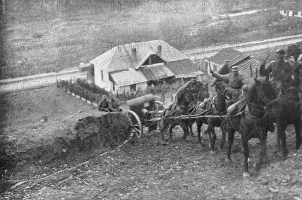 'Aux armees Roumaines ; piece d'artillerie menee a sa position', 1916. Creator: Unknown.