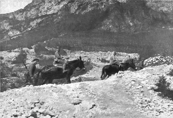 'Sur le front Italien, apres Gorizia ; Le general Cadorna, a dos de mulet et suivi d'un officier d'o Creator: Unknown.