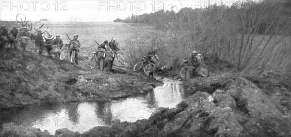 'L'avance Francaise; La traversee d'un ruisseau par un groupe cycliste: il existait la un petit pont Creator: Unknown.