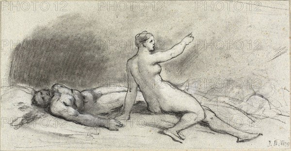 Nude Woman Seated with Nude Man Asleep (recto); Female Torso Seen..., 1875 (recto); c. 1875 (verso). Creator: Jean Beraud.