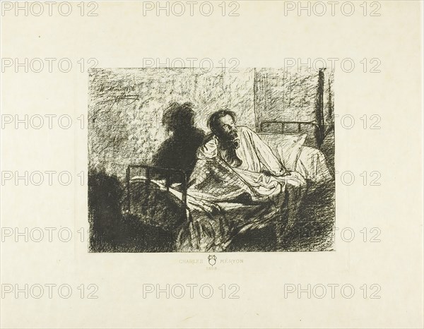 Portrait of Charles Meryon Sitting Up in Bed, 1858. Creator: Leopold Flameng.