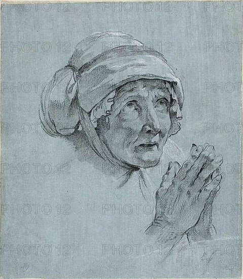 Study of the Head and Hands of an Old Woman Looking Up, c. 1775. Creator: Nicolas Bernard Lepicie.