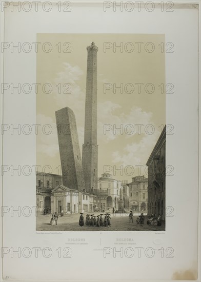 Bologna: The Asinelli and Garisenda towers, plate 40 from Italie Monumentale et Pittore..., c. 1848. Creator: Nicolas-Marie-Joseph Chapuy.