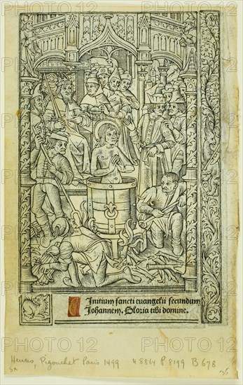 The Martyrdom of Saint John the Evangelist (recto), and December Calendar (verso), from..., 1496/97. Creator: Philippe Pigouchet.