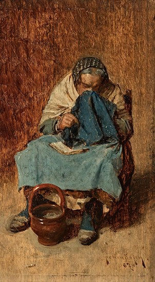Old Venetian woman blowing her nose, 1874. Creator: August von Pettenkofen.