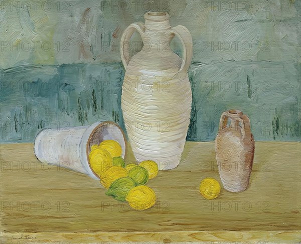 Still life with stone jugs and lemons, undated. (c1920s) Creator: Emil Kraus.