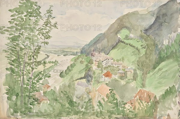 River landscape in the mountains with castle, c1910/1920. Creator: Franz Barwig.