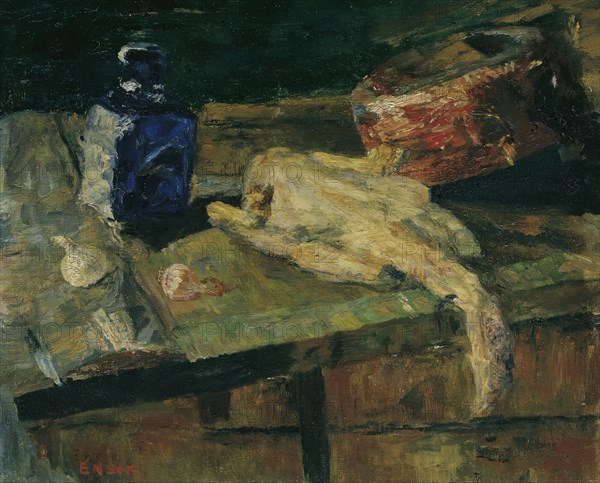 Still life with blue bottle and plucked chicken, c1910. Creator: James Ensor.