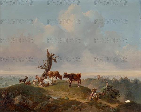 Cows and goats in the pasture, 1840. Creator: Joseph Heicke.