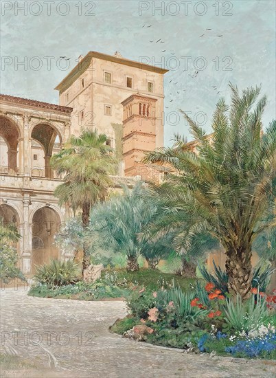 Vedute of the embassy in Rome: garden with a view of the archways, c1900. Creator: Othmar Brioschi.
