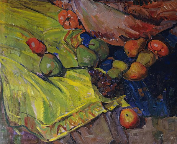 Still life with fruits on a green cloth, 1911. Creator: Anton Faistauer.