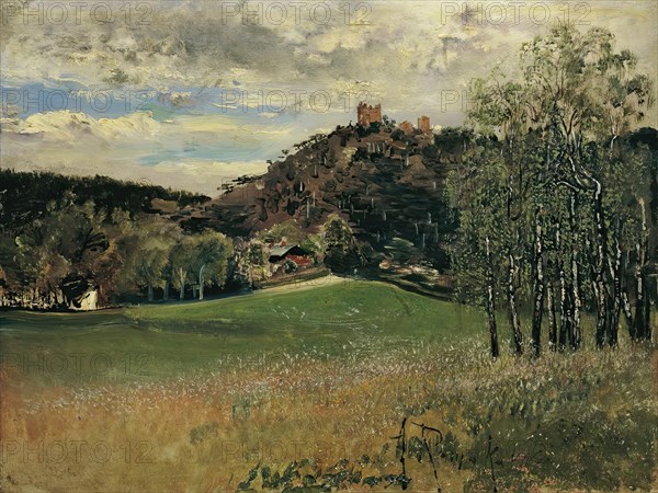 The dairy meadow in Vorderbrühl with the Mödling ruins, 1885. Creator: Anton Romako.